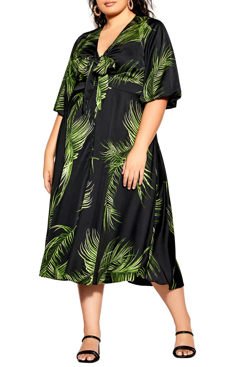 City Chic Foliage Print Satin Midi Dress, Main, color,