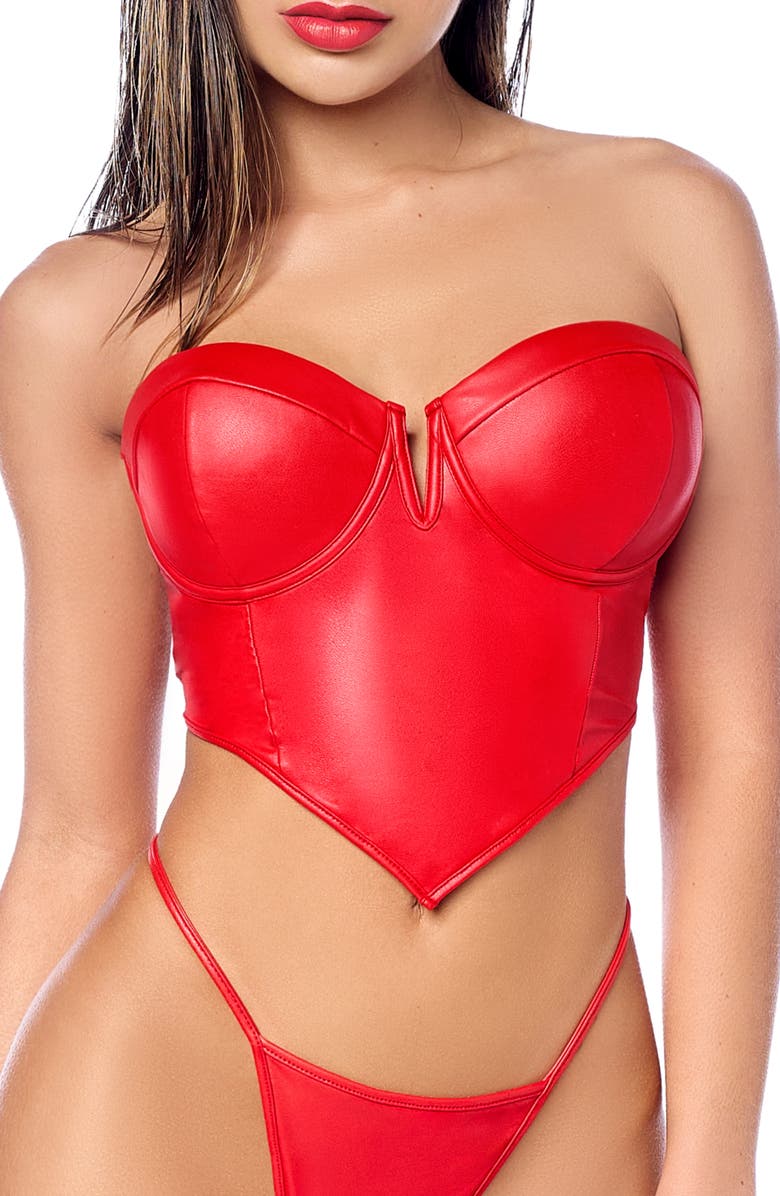 Mapale Strapless Faux Leather Bustier & Thong Set, Main, color, Red