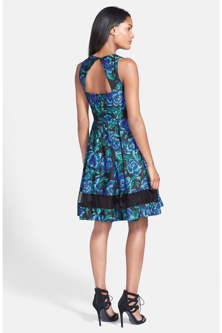 Cutout Floral Print Fit & Flare Dress, Alternate, color, BLUE