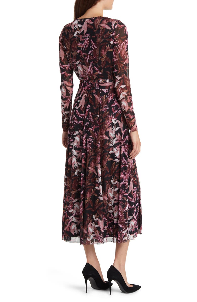 Anne Klein Leaf Print Long Sleeve Mesh Midi Dress, Alternate, color, 