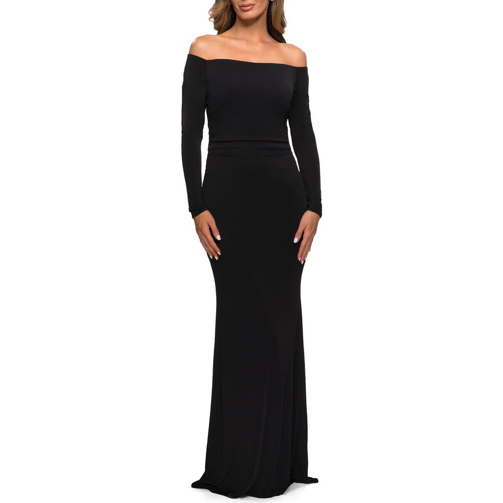 La Femme Long Sleeve Off The Shoulder Jersey Evening Gown In Black