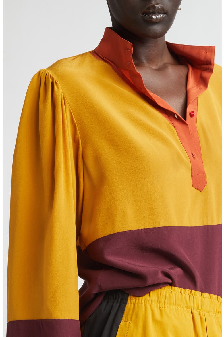 Colorblock Silk Crêpe de Chine Half-Placket Shirt, Alternate, color, LIE DE VIN