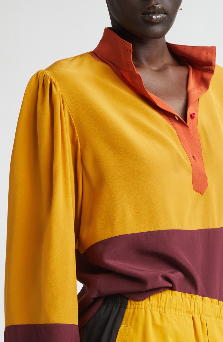 Saint Laurent Colorblock Silk Crêpe de Chine Half-Placket Shirt, Alternate, color, Lie De Vin