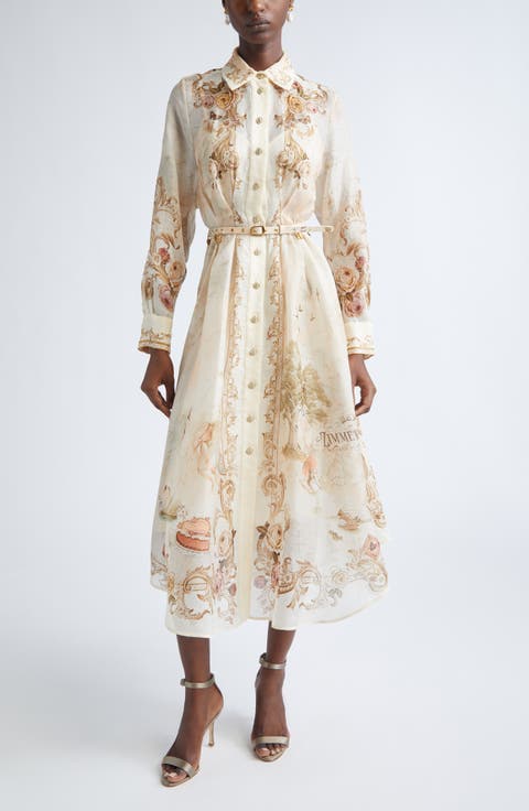 Memento Map Print Long Sleeve Belted Shirtdress
