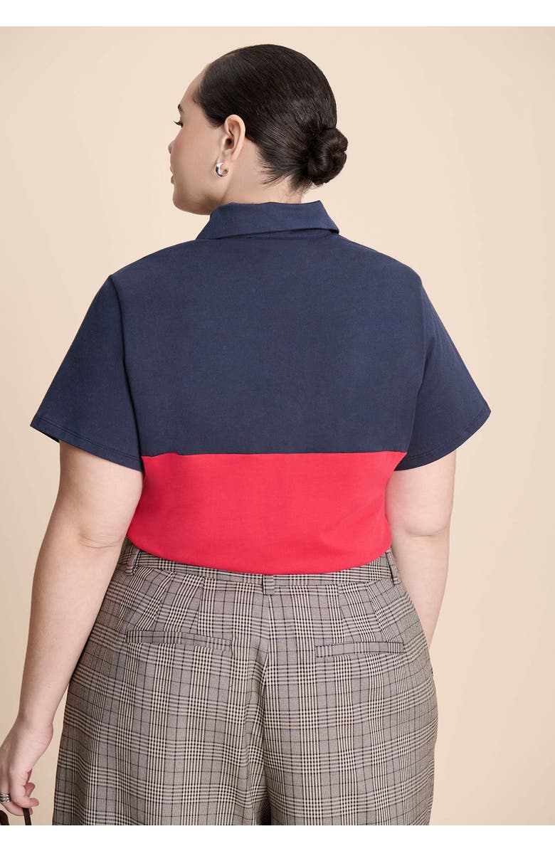 ELOQUII Asym Zipper Neck Polo Shirt, Alternate, color, Red And Navy