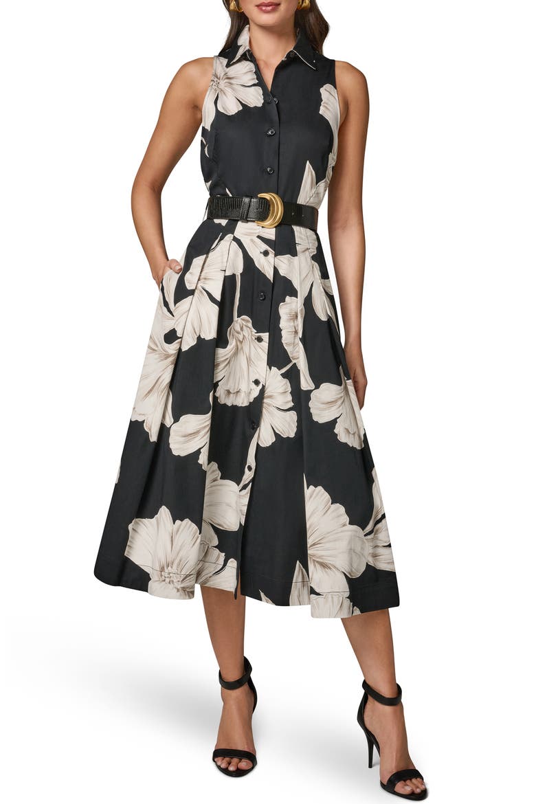 Floral Sleeveless Stretch Cotton Midi Shirtdress, Alternate, color, BLACK
