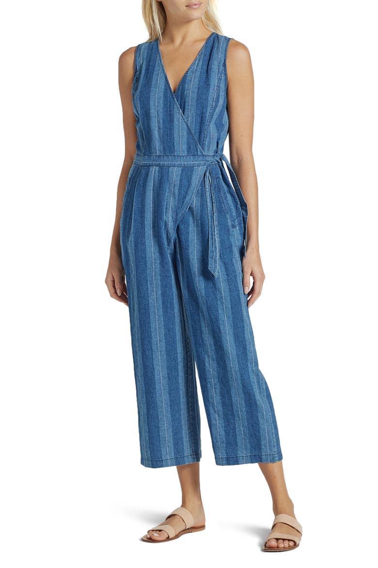 Xenia Stripe Linen & Cotton Wide Leg Crop Jumpsuit, Main, color, OCEAN