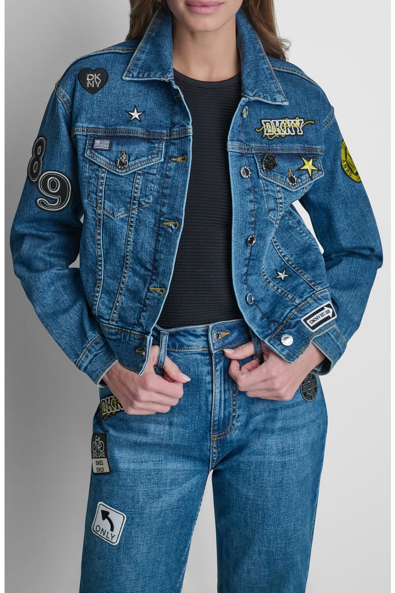 1989 Pins & Patches Denim Trucker Jacket, Alternate, color, TRIBECA WASH