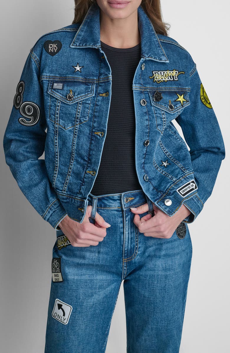 DKNY 1989 Pins & Patches Denim Trucker Jacket, Alternate, color, Tribeca Wash