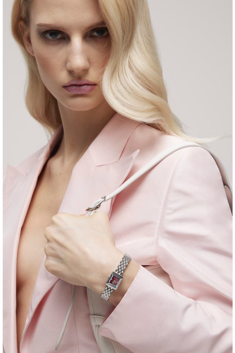G-Frame Pink Dial Square Bracelet Watch, 14mm x 18mm, Alternate, color, RED BURGUNDY