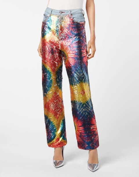 Denim Super Loose Fit Paillettes Multicolor Tie Dye Women