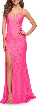 La Femme Gorgeous Neon Pink Tulle and Lace Mermaid Gown