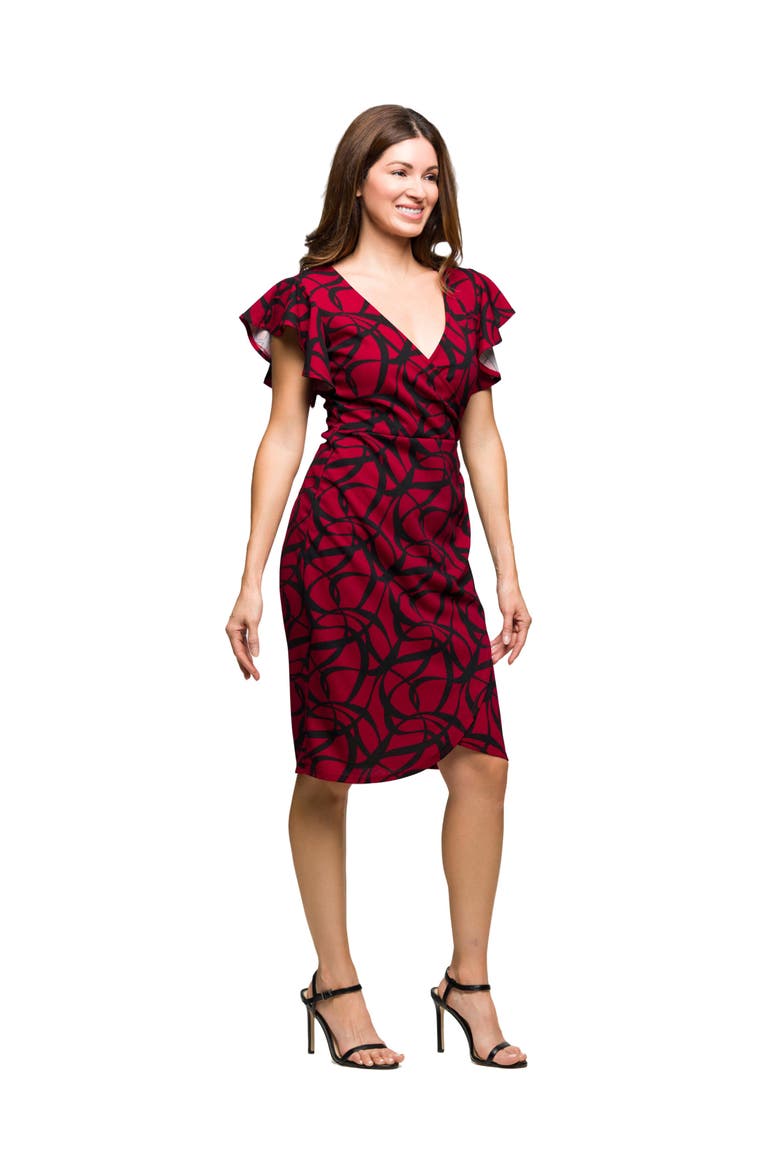 Print Flutter Sleeve Faux Wrap Dress, Alternate, color, Red Multi
