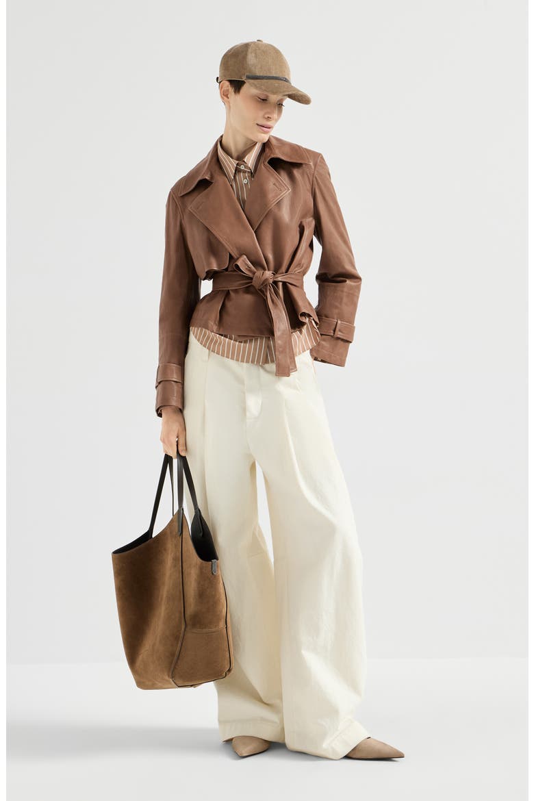 Vintage nappa leather cropped trench with monili, Alternate, color, Brown