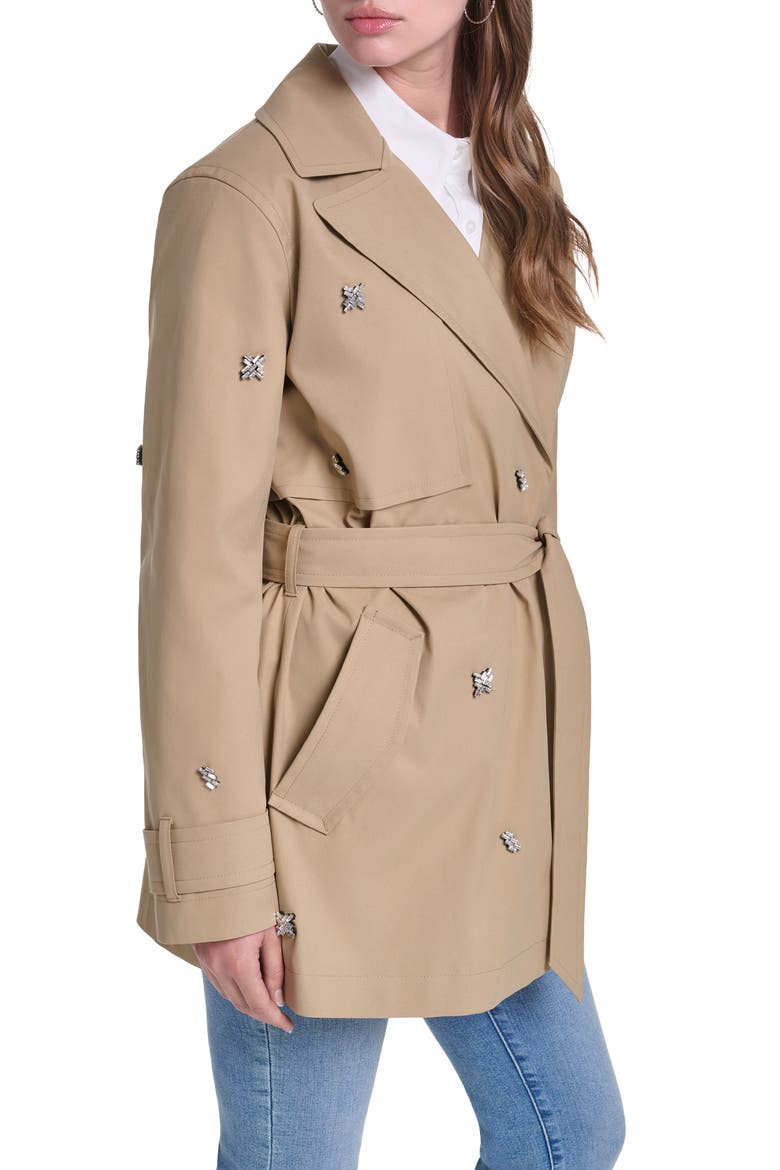 Rhinestone Embellished Short Trench Coat, Alternate, color, KHAKI
