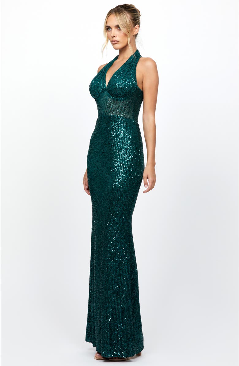 Bariano Shaylyn Sequin Halter Gown, Alternate, color, Emerald