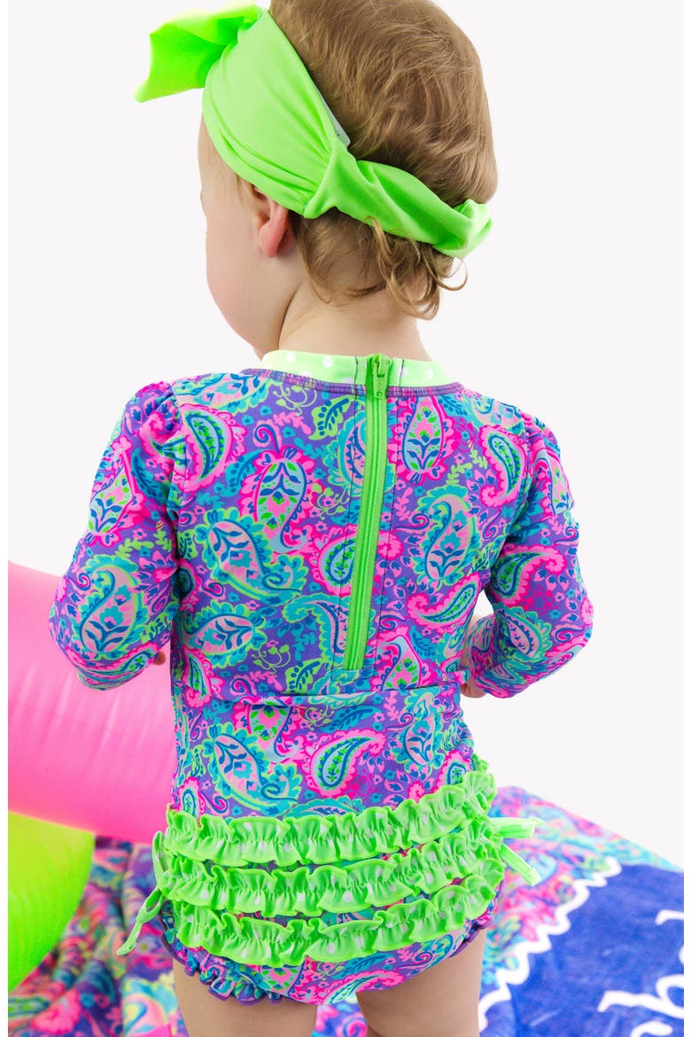 Kids' Neon Paisley One-Piece Rashguard Swimsuit, Alternate, color, PURPLE