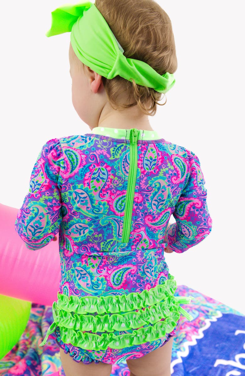 RuffleButts Kids' Neon Paisley One-Piece Rashguard Swimsuit, Alternate, color, 