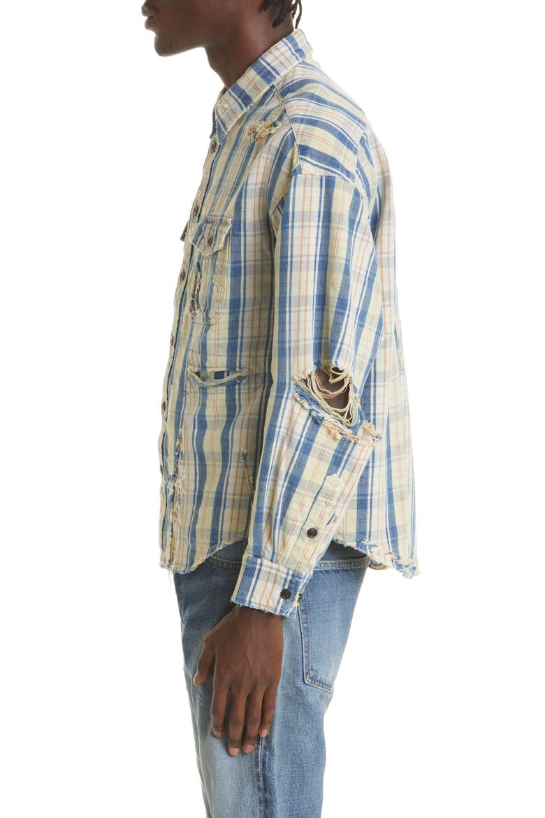 Men's Pioneer Crash Distressed Check Cotton & Linen Button-Up Shirt, Alternate, color, DARK INDIGO
