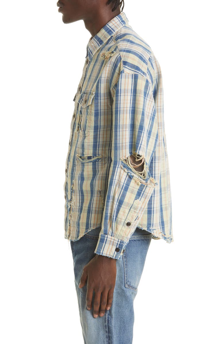 VISVIM Men's Pioneer Crash Distressed Check Cotton & Linen Button-Up Shirt, Alternate, color,