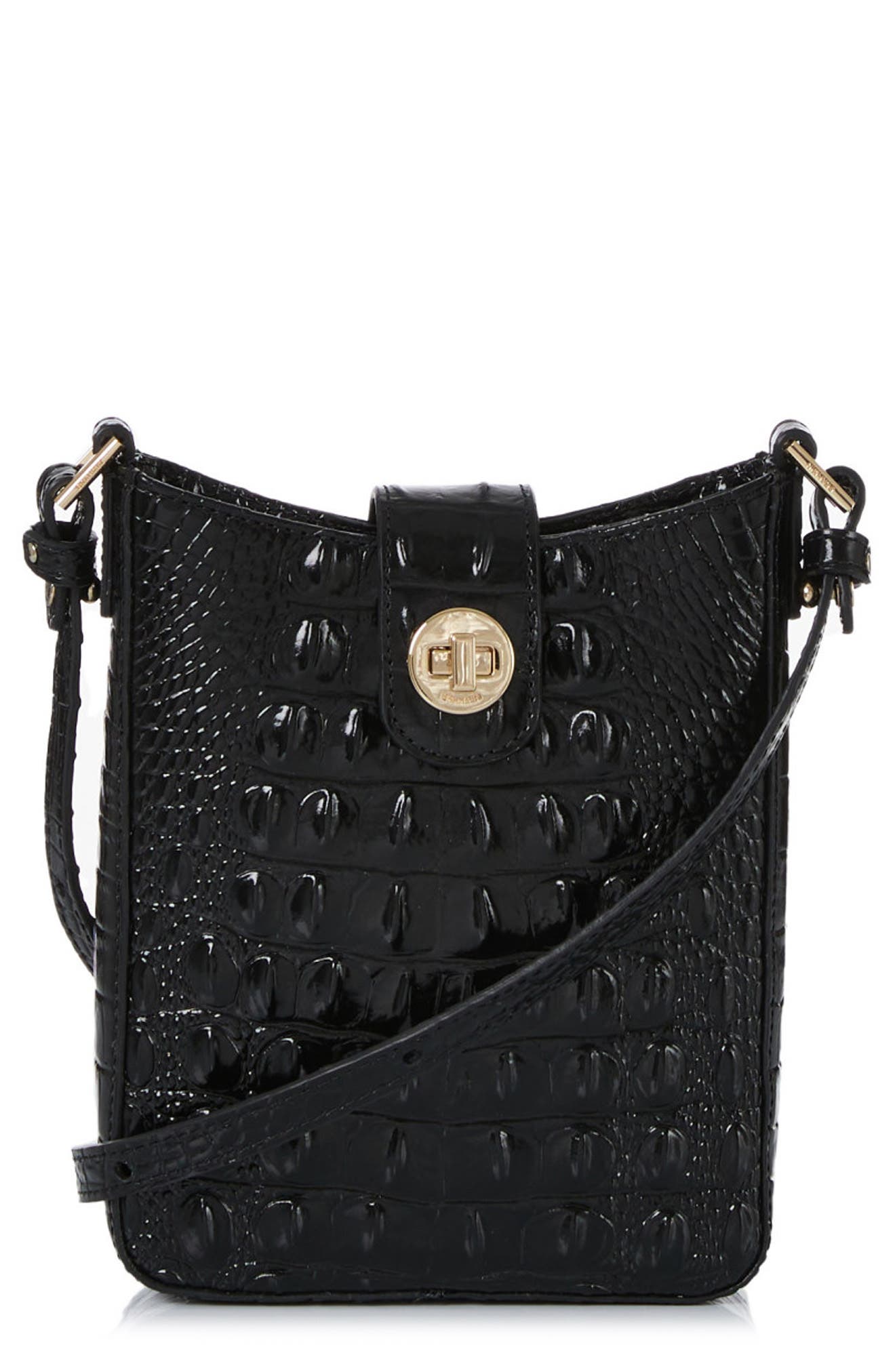 Brahmin Marley Croc Embossed Leather Crossbody Bag, Main, color, Black