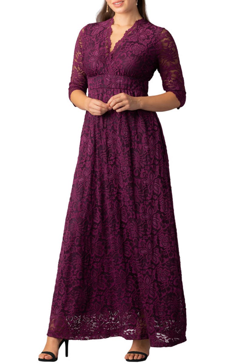 Kiyonna Maria Lace A-Line Evening Gown with Pockets, Main, color, Berry Bliss