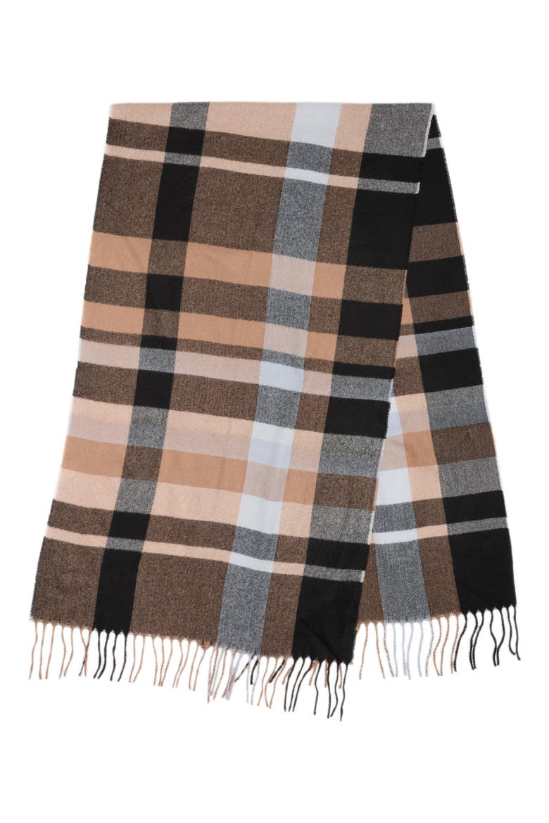 Plaid Fringed Scarf, Alternate, color, BLACK