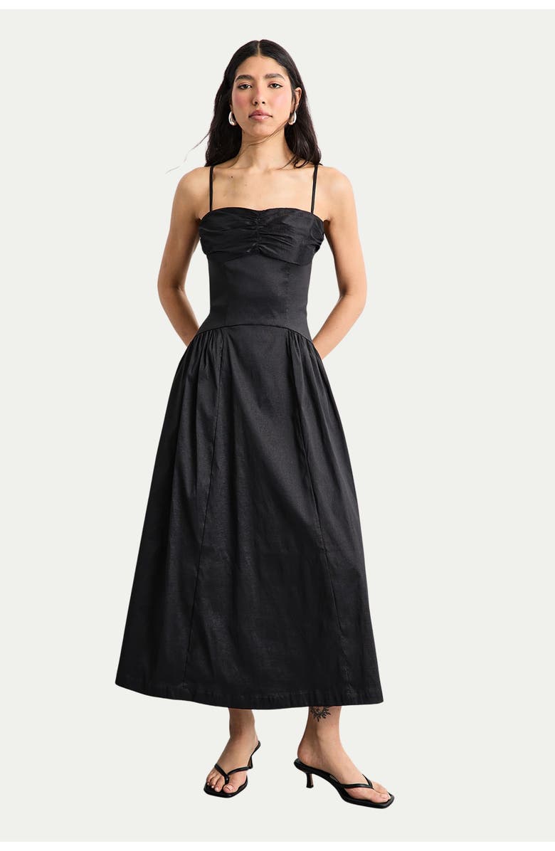 Warehouse Dropped Waist Ruched Bust Midi Dress, Main, color, Black