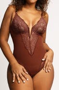 Popilush Plus Size Shapewear Lace Deep V-Neck Sculpting Thong Bodysuit
