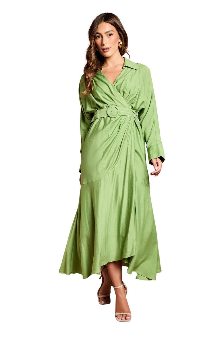 Twill Long Sleeve Belted Wrap Dress, Main, color, Green