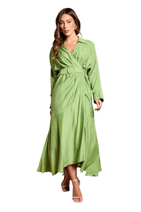 Twill Long Sleeve Belted Wrap Dress