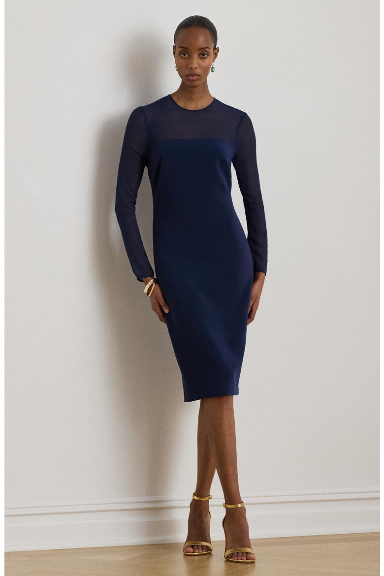 Sheer Yoke Wool Cocktail Dress, Alternate, color, REFINED NAVY BLUE