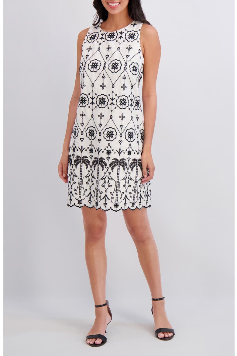 Embroidered Eyelet Sleeveless Cotton Shift Dress, Main, color, WHITE BLACK