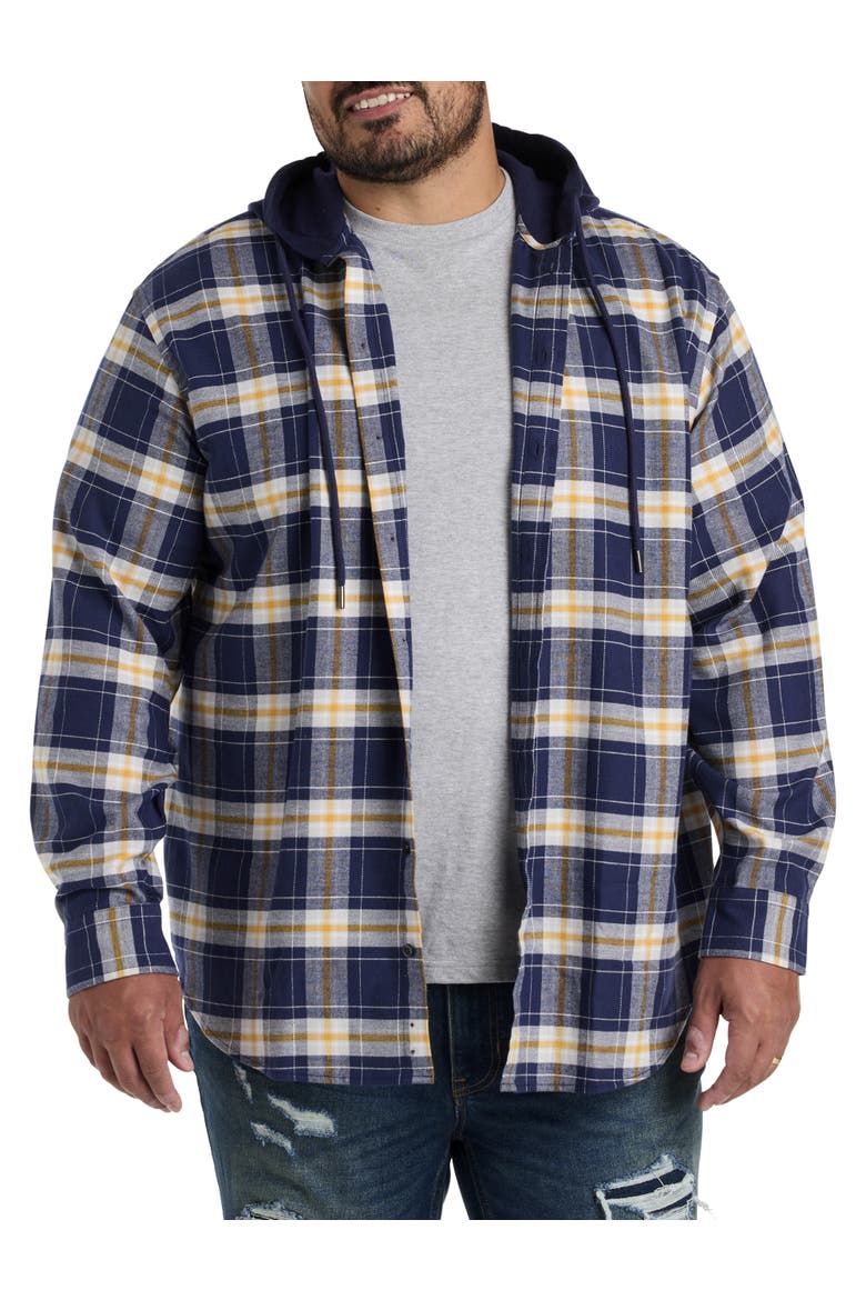 Big & Tall Hooded Flannel Shirt Jacket, Alternate, color, NAVY-YELLOW