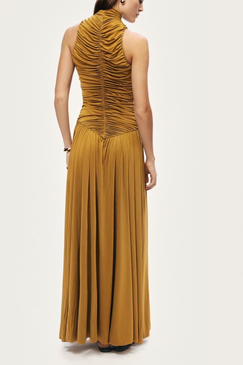 Ruched High-Neck Maxi Dress, Alternate, color, Camel
