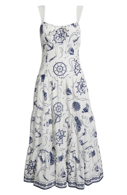 Moon River Print Ruffle Hem Sleeveless Midi Dress In Ivory Multi