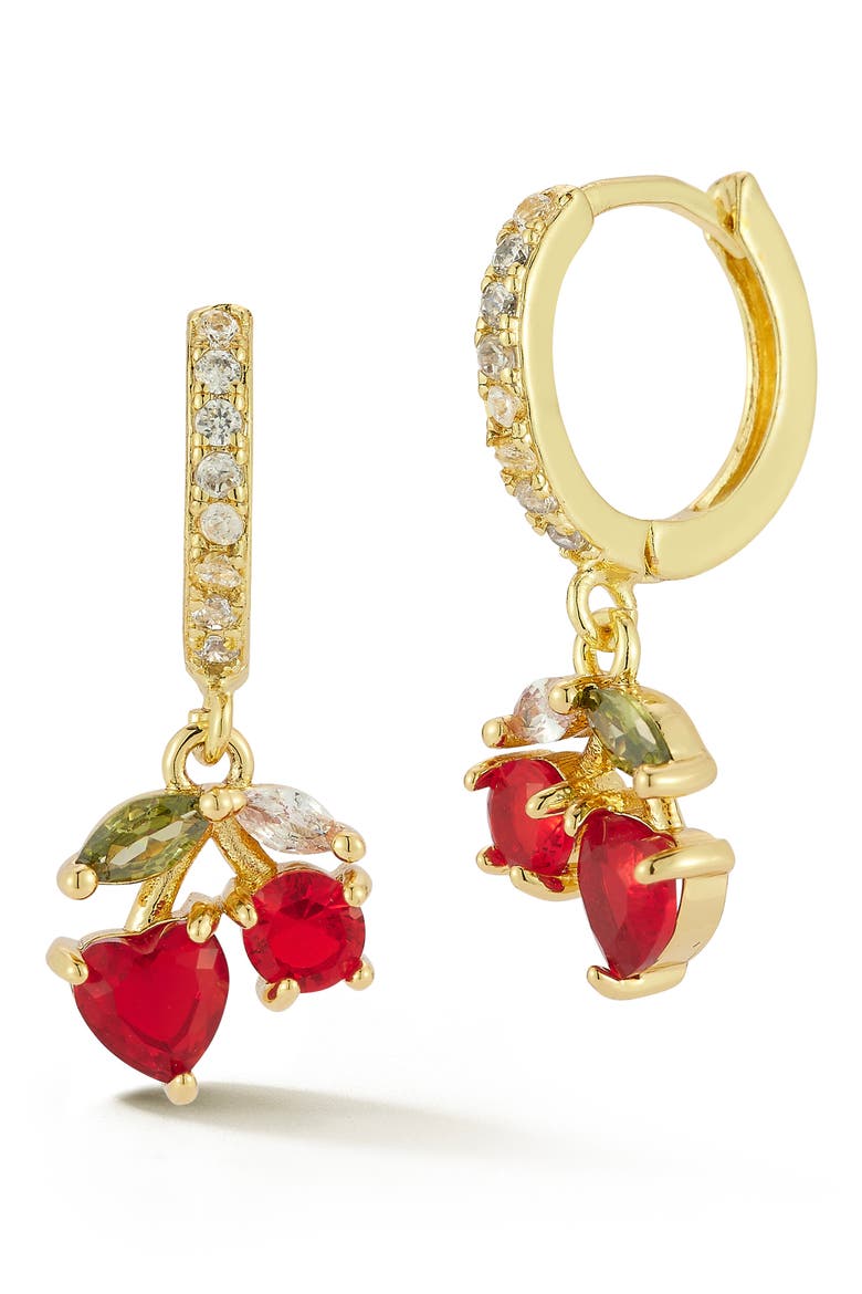 Cherry Cubic Zirconia Huggie Hoop Earrings, Main, color, GOLD
