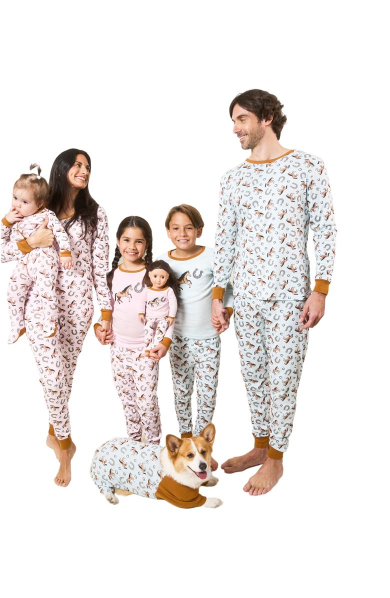 Leveret Kids Footed Printed Cotton Matching Family Pajamas, Coordinated Prints, Alternate, color, Blue Horse