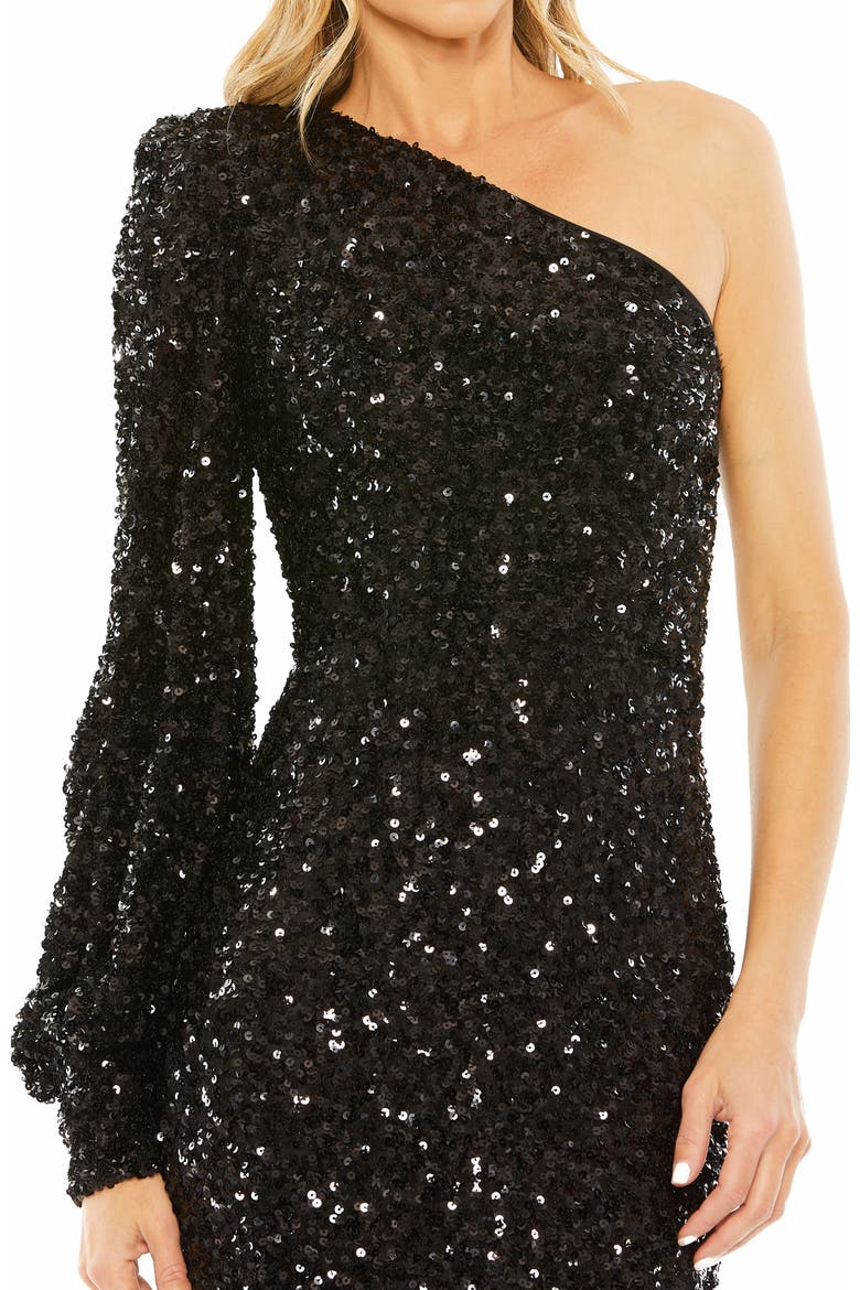 Women's Sequined One Shoulder Bishop Sleeve Trumpet Gown, Alternate, color, BLACK