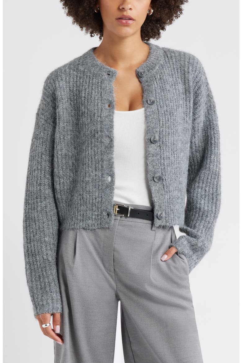 Fuzzy Crewneck Cardigan, Main, color, GREY MEDIUM HEATHER