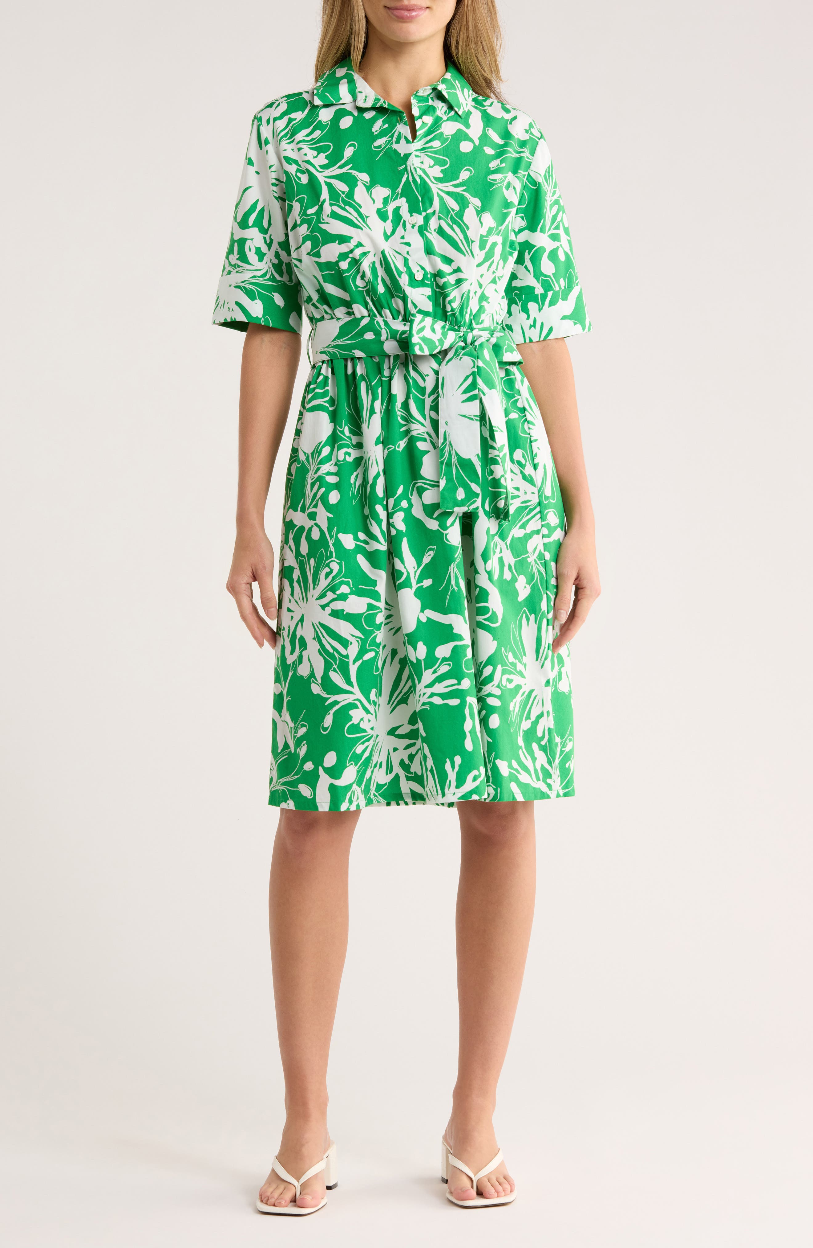DKNY Floral Elbow-Length Sleeve Cotton Shirtdress