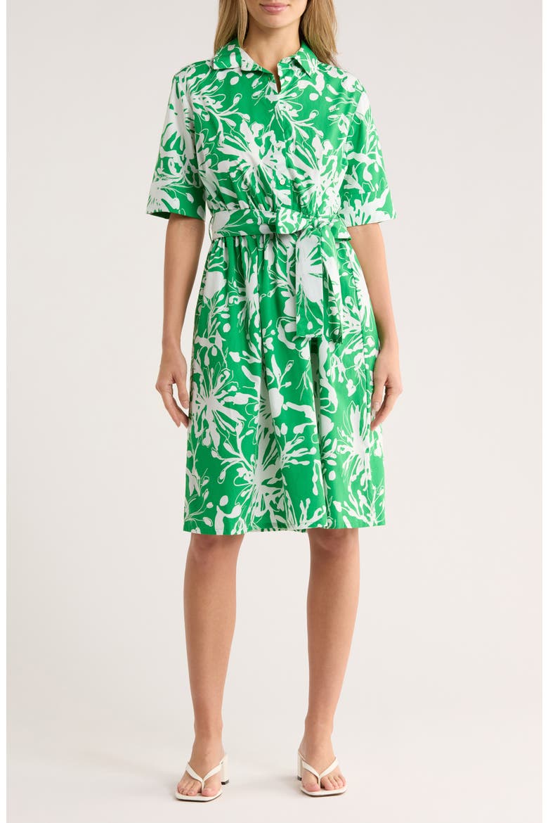 Floral Elbow-Length Sleeve Cotton Shirtdress, Main, color, FERN/ IVORY