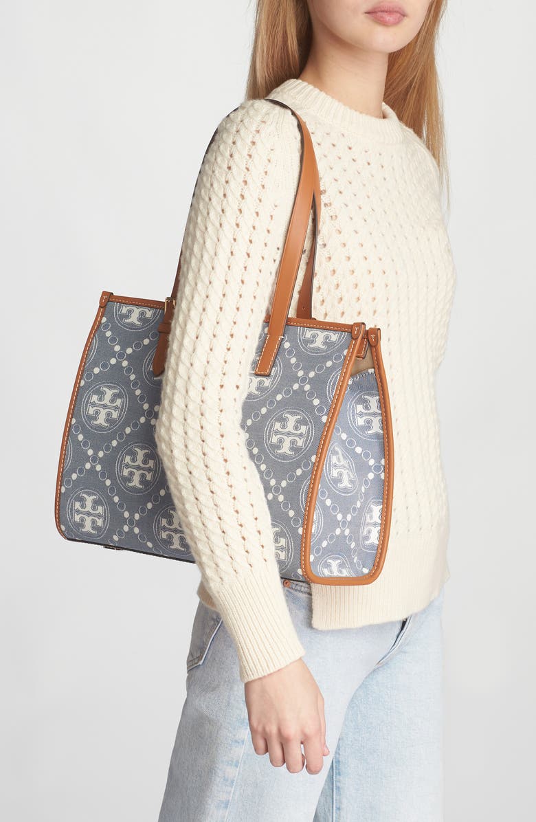 Tory Burch Small T Monogram Denim Tote, Alternate, color,