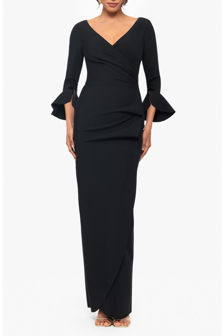 Ruffle Sleeve Faux Wrap Gown, Main, color, BLACK