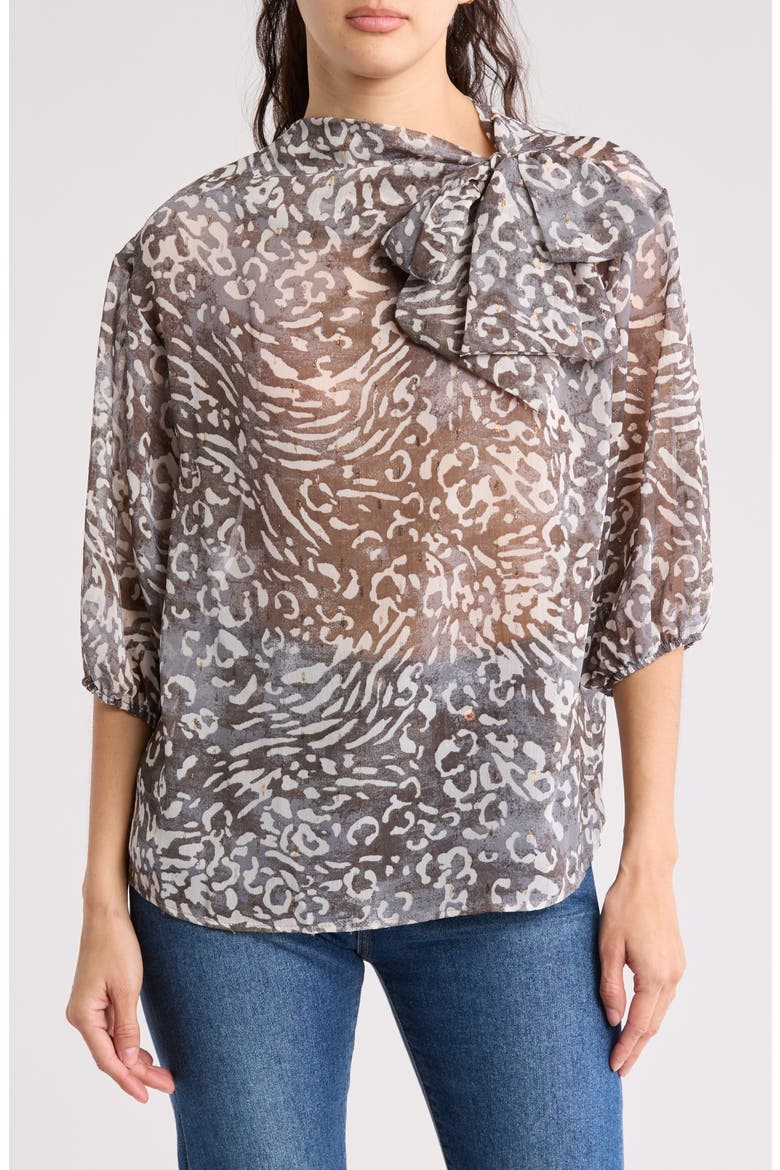 Animal Print Tie Neck Top, Main, color, CHARCOAL