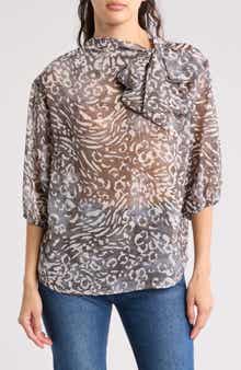 Renee C Animal Print Tie Neck Top