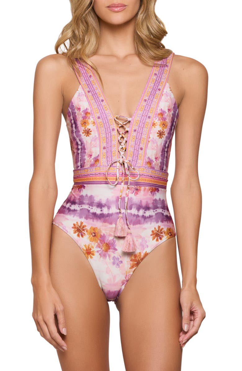 Cosita Linda Plunge Neck One-Piece Swimsuit, Main, color, Orchid Smoke
