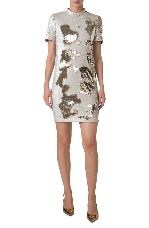 Akris Mock-neck Short-sleeve Sequin Mini Dress In Ecru Gold