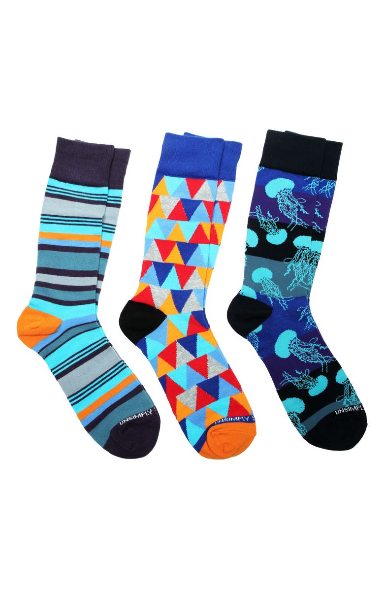 UNSIMPLY STITCHED 3-Pack Assorted Graphic Crew Socks, Main, color, Blue Multi