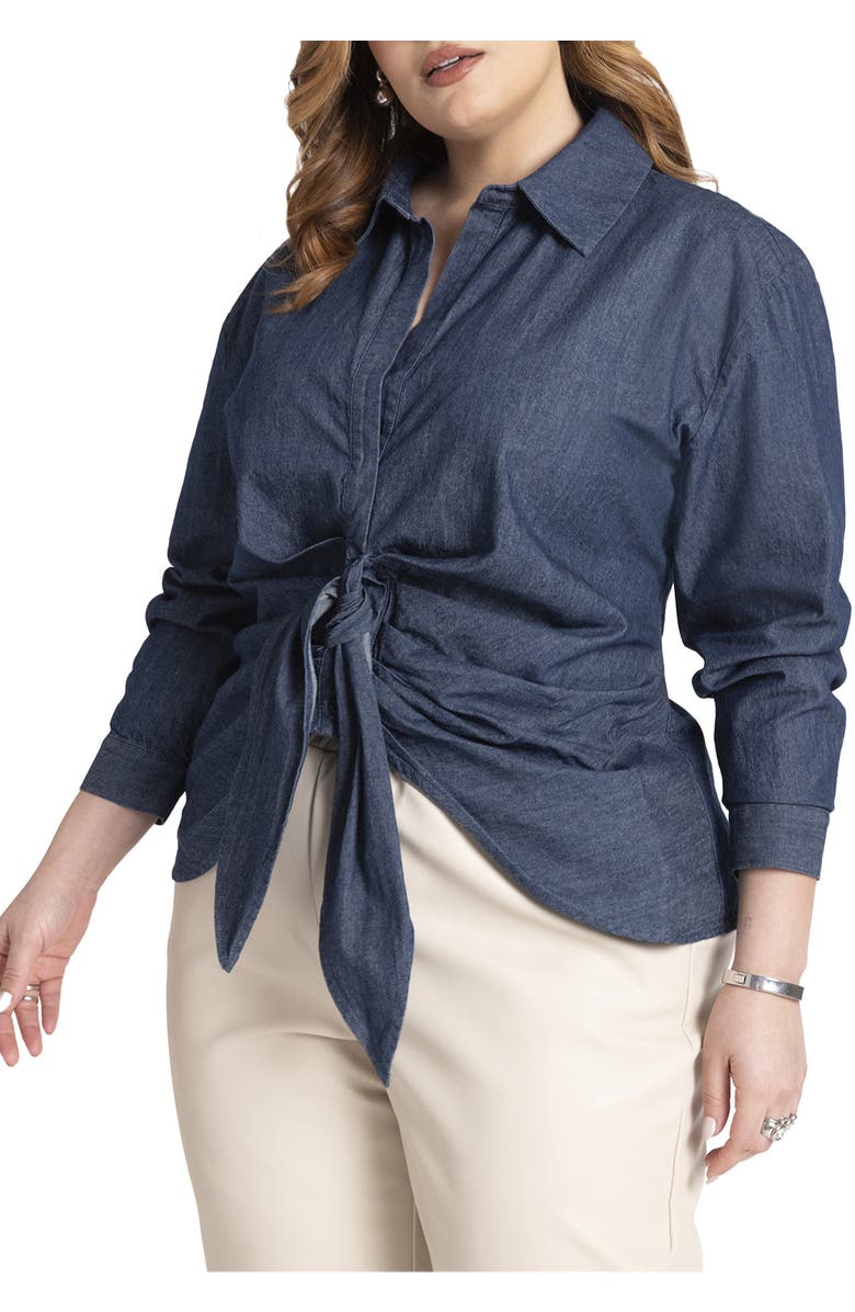 ELOQUII Tie Front Collared Blouse, Main, color, Medium Wash